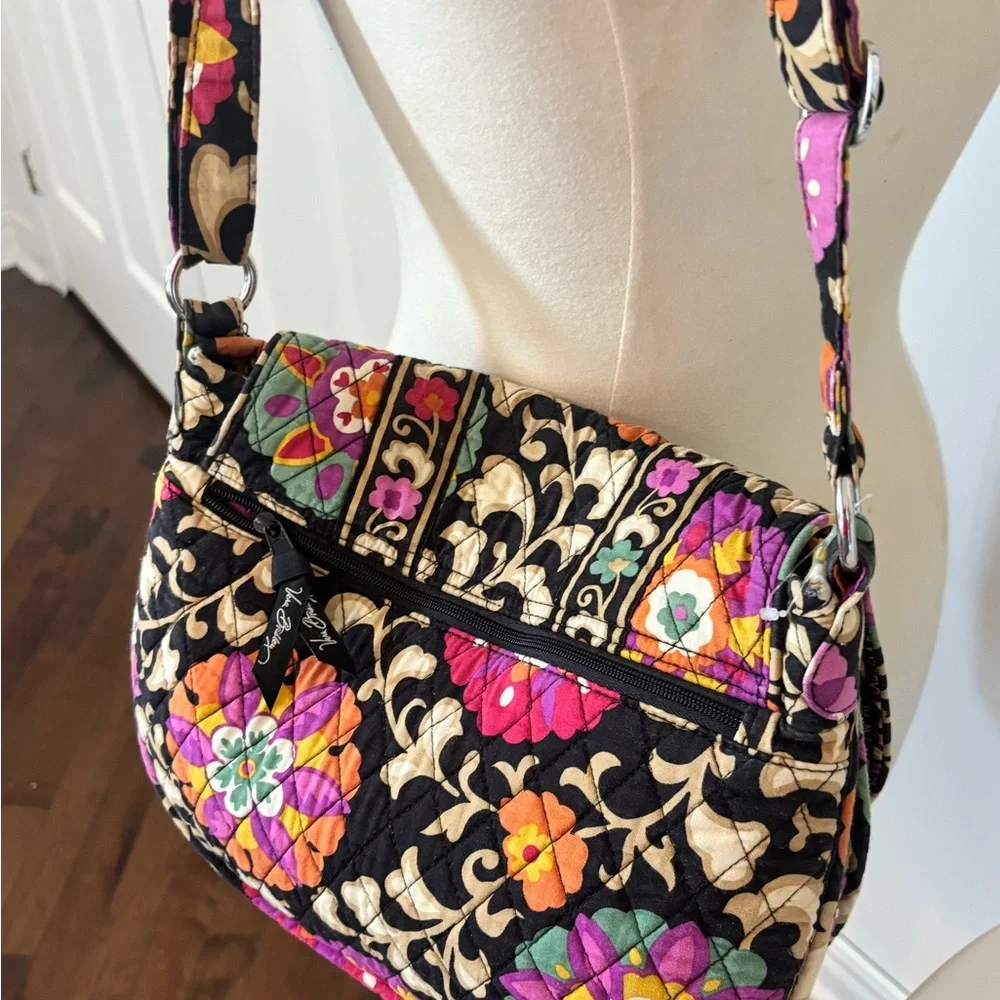 Vera Bradley Black Quilted Floral Crossbody with Pink Orange Purple Accents - Picture 2 of 5